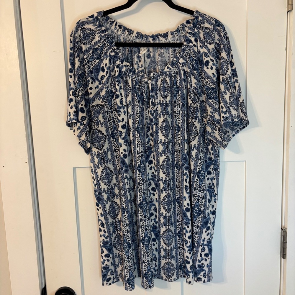 Blue White Paisley Medallion Peasant Blouse Short Sleeve Tie NeckWomens 3X flowy - Picture 2 of 14